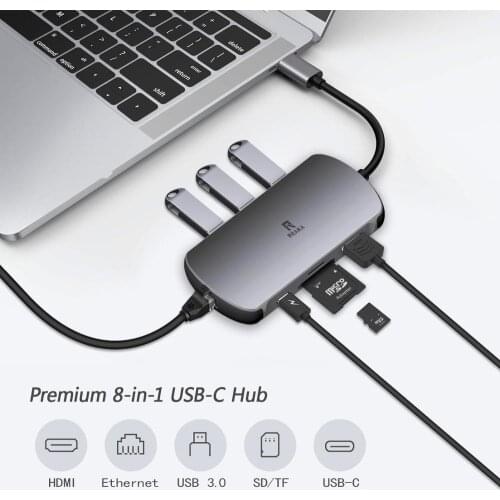 USB C Hub 8-In-1 Type C Hub with Ethernet Port, 4K USB C to HDMI, 2 USB 3.0 Ports, 1 USB 2.0 Port, SD/TF Card Reader, USB-C Power Delivery, Portable for Mac Pro and Other Type C Laptops