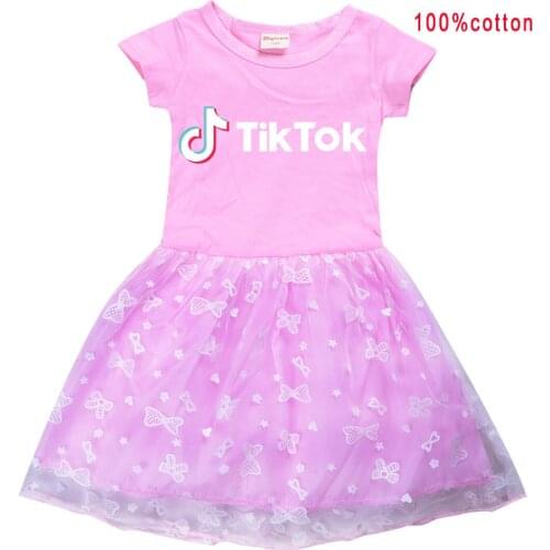 TIK TOK Girls Skirt Summer Cotton Short-Sleeved Dress Cartoon Printing Childrens Clothing