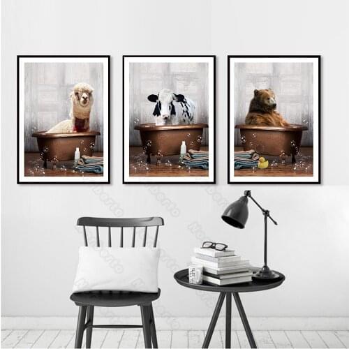 Cute Animals Frameless Canvas Painting Wall Poster Dog Goat Cow Elephant Lying a Tub Having a Shower for Home Rooms Decoration