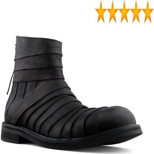 Genuine Harajuku Punk Leather Style Spliced Mens Mid Calf Personality Designer New Round Toe Back Zipper Increase Boots