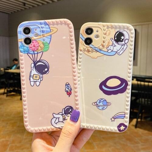 Spaceship astronaut planet Cute Case For iphone 12 11 Pro Mini X XS MAX XR 8 7 6 PLUS SE 2 Square Soft Phone Case Cover Fundas