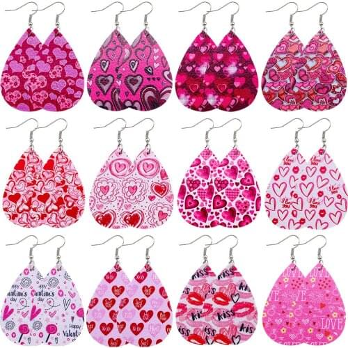 New Cute Heart Print PU Leather Drop Earrings Lightweight Heart Shape Print Teardrop Dangle Earrings Valentine Day Gift