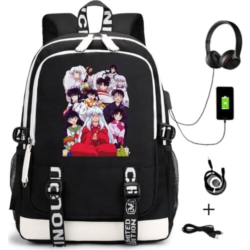 Casual Anime Inuyasha Design Backpack School Unisex Bags for Teenagers USB Travel Cartoon Laptop Shoulders Bags Zipper Bookbag