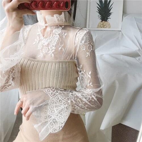 Perspective Mesh Women tops Fashion Gauze Collar Trumpet Bottoming Shirt Female Lace tops G29