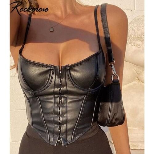 Rockmore Skinny PU Leather Crop Top Y2k Solid Casual High Street Women Camisole Sleeveless Tops 2020 Summer Sexy Party Clubwear