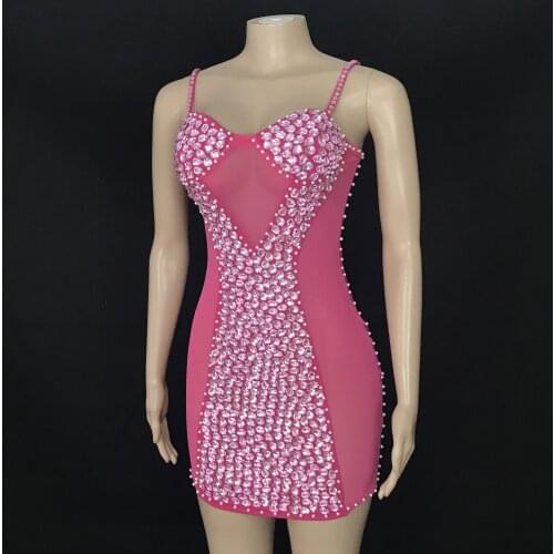 Pink Rhinestone Pearl Transparent Dress Birthday Celebrate Evening Mesh Outfit Dance Sexy Clear Stones Short Dress