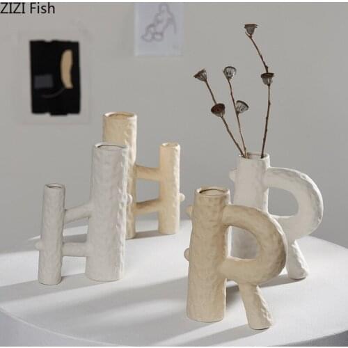Nordic Letter White Porcelain Flower Vase Simplicity Ceramic Vases Hydroponics Flowers Arrangement Crafts Living Room Decoration