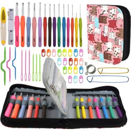 Aluminum Weave Knitting Needles Women DIY Tools Soft Handle Grip Sweater Crochet Hooks Set with Storage Bag Craft