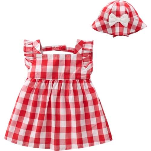 Tou baby girl summer dresses with sun hat Toddler baby one -piece short sleeves clothes kids Plaid skirt lovely bowknot hats