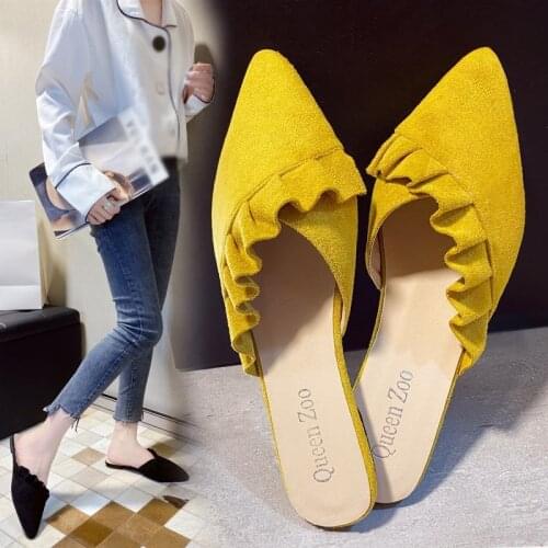 Womens Mules Fashion Pointed Toe Flats Korean Style Half Shoes Suede