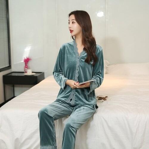 Women Pajamas Autumn Winter New Velvet Suit Sleepwear Cardigan Long Sleeve Pants V-Neck Sexy Nightwear Full Length Lounge Wear
