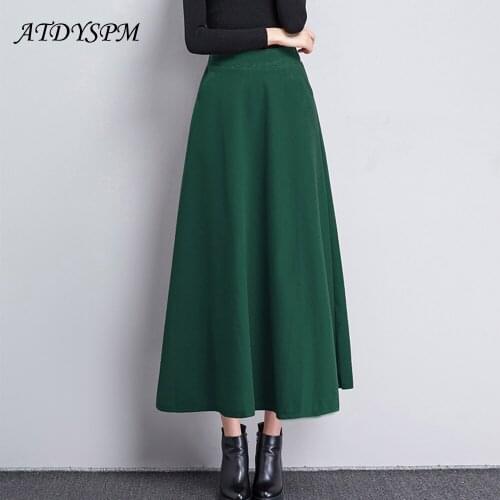 Classic Vintage Pleated Skirts Women Autumn Winter Warm Woolen Skirts Elastic High Waist Casual Loose Maxi A-Line Skirts Faldas