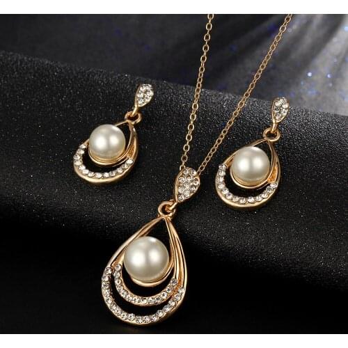 Fashion Gold Color Inlaid crystal Simulated Pearl Crystal Necklace Stud Earrings Jewelry Set for Women Party Wedding Jewellery