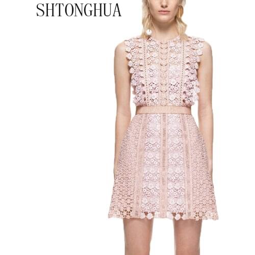 SHTONGHUA Runway Summer Dress 2019 Self Portrait Pink Lace Sleeveless Patchwork Hollow Out Floral Women Tank Party Mini Dress