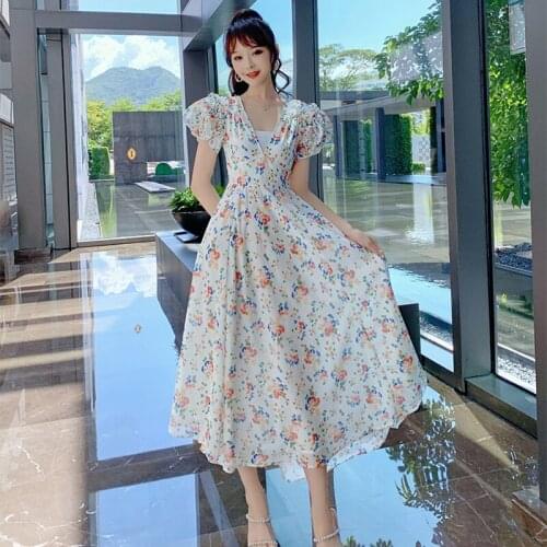 Korean Style Fashion Vintage Puff Sleeve V-Neck Maxi Party Dress Women Elegant Robe Casual Cute Floral Female Asymmetrical Dress