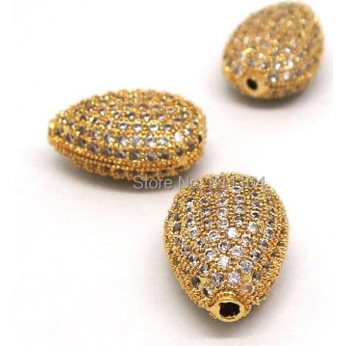 15mm Gold Plated Micro Pave Brass Metal Zircon CZ Crystal Teardrop European Charms Hollow Spacer Beads Connectors DIY Findings