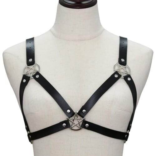 2021 Sexy Woman Pentagram Punk PU Leather Harness Bra Belts Lingerie Body Bondage Caged Bralette Gothic Garter Body Jewelry