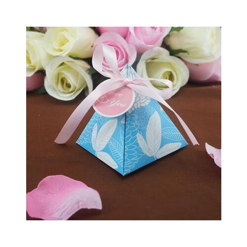 50 pieces/lot) Free Shipping Floral Triangular Pyramid Candy Box Cake Gift Box With Ribbon For Party Favors
