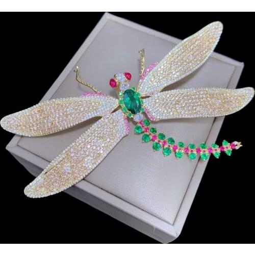 Large exaggerated 925 sterling silver with cubic zircon dragonfly brooch insect fine women jewelry free shipping 55*100MM