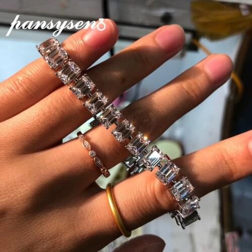 PANSYSEN Sparking 100% 925 Sterling Silver Emerald Cut Created Moissanite Gemstone Cuff Bracelets Bangle Fine Jewelry Wholesale