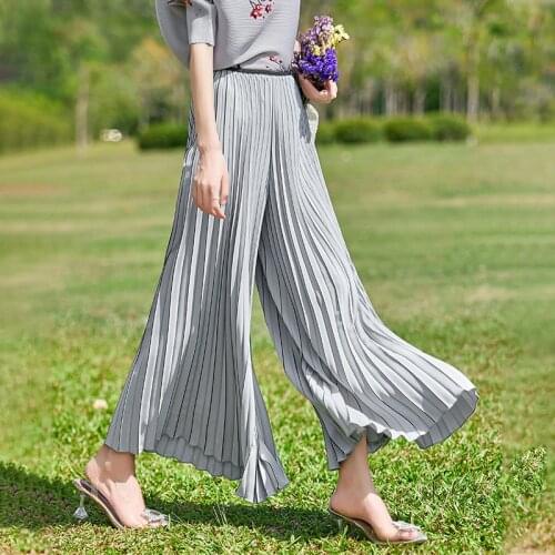 High Waist Wide Leg Pants For Women Summer 2021 New Elastic Waist Draped Vertical Pleated OL Casual Trousers Female