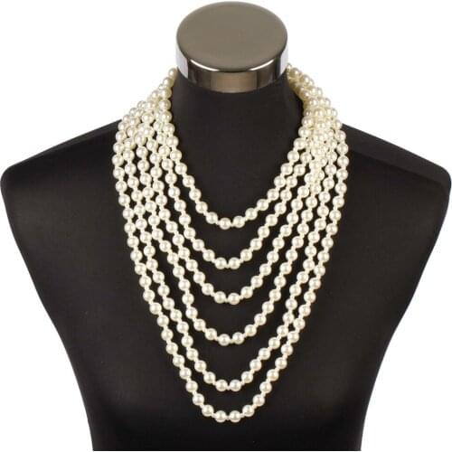 Gold Color Metal Bead Ball Multi Layer Chain Necklace for Women Simulated Pearl Pendant Chunky Statement Big Long Female Jewelry