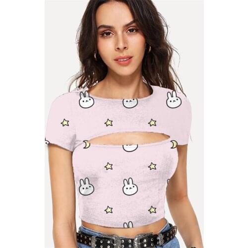 Somepet Rabbit T shirt Women Animal Shirt Print Moon Navel Bare Star Hollow Out T shirts Short Sleeve Sexy New Style Vintage