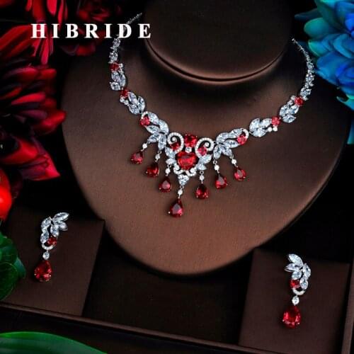 HIBRIDE Red Flower AAA Cubic Zircon Women Bridal Jewelry Sets Wedding Necklace Sets Accessories Bijoux Mariage Gift N-526