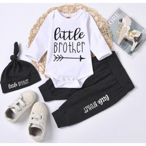 Newborn Boy 3pcs Sets Long Sleeve Romper + Trousers + Hat, Litter Brother Letter Print Elastic Waist Spring Autumn Clothing