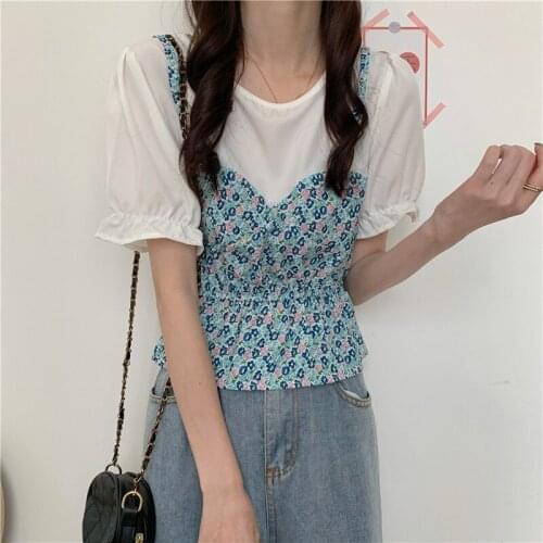 Summer 2021 Korean Version Loose Fake Two-piece Floral Puff Sleeve Shirt Blouse