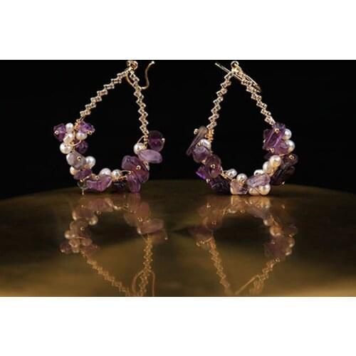 Fashion Women Circle Hoop Earrings Freshwater Pearl Stone Purple Earrings Water Drop Dangle Wedding Jewelry Party Hook Accessory