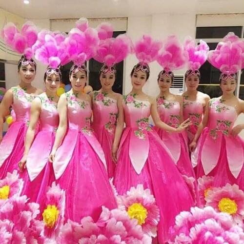 Opening dance dress Pink flower big swing skirts stage show costume performance clothing