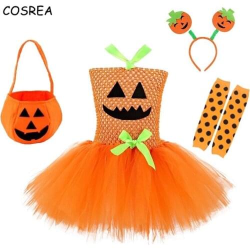 Pumpkin Dress Girls Kids Cosplay Costume Tutu Pumpkin Bag Socks Headband Pettiskirt Full Set Children Halloween Carnival Party
