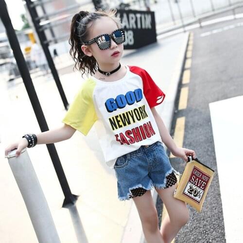 Teenage clothes girls t-shirt fashion College style letter patchwork tops tees sports casual Childrens Clothing 4 -10 years