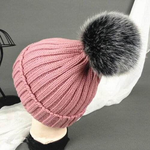 Removable 100% Real Fox Fur Pom pom Knitted Beanies Cap Winter Women Child Kid parent-child Skullies Hat Gorros