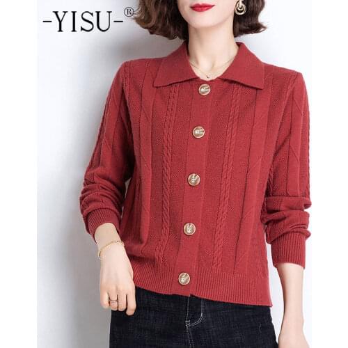 YISU 2021 Spring Women Cardigan Lapel Buttons Wool Spring tops All-match Fashion Female Long sleeve Casual Knitted Cardigan