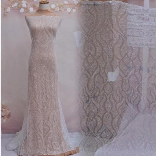 Offwhite embroidery African net lace fabric SYJ-11954 with beads French tulle lace material for wedding dress