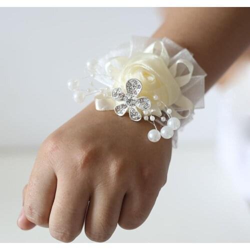 Bride Pearl Wrist Corsage Bracelet Hand Flower Wedding Wrist Corsage for Bridesmaid Ivory Silk Rose Wedding Accessories SW978-6