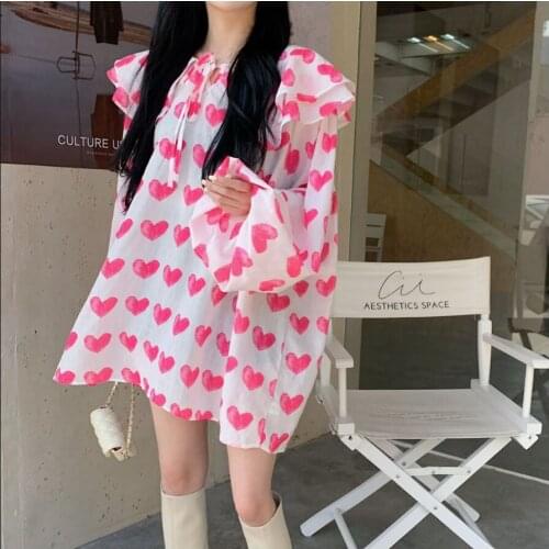 2021 Spring Pink Peter Pan Collar Sweet Heart Chiffon T-Shirt Fashion Streetwear Fall Women Preppy Style Black Tshirt Lady Top