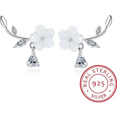 925 Sterling Silver Earrings For Women Sterling-silver-jewelry Natural Shell Flowers Zirconia Earrings oorbellen S-E411