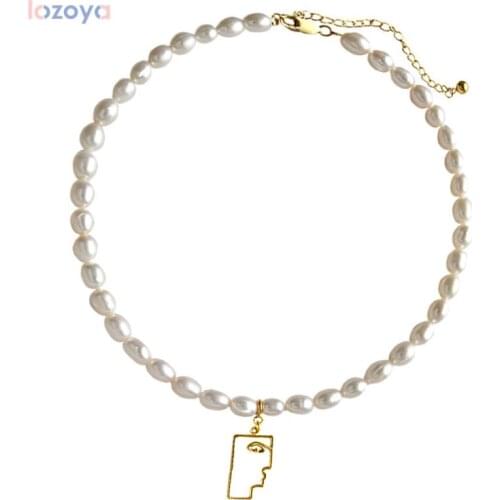 Lozoya 925 Sterling Silver Luxury Women Fine Gold Geometric Face Pendant Chocker Irregular Pearl Choker ChainJewelry