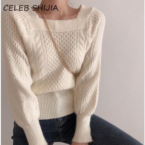 SHIJIA New Autumn Square Collar Sweater for Woman Full-sleeve Apricot Twist Knitting Pullovers Soft Warm Jumper Femme 2021