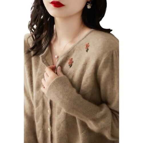 Cardigan Retro Knitted Cardigan Jacket Women 2020 New Autumn V-neck Embroidery Cropped Top Knitted Cardigan