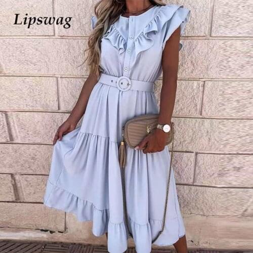 2021 Summer Fashion Button Solid Party Dresses Elegant Women V-Neck Sleeveless Long Dress Lady Casual Belted Maxi Dress Vestidos