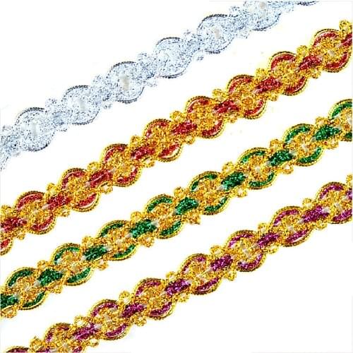 7.5 Yds Christmas Lace Bright Gold Braid Lace Appliqued Trims Crochet 3D Flower Cosplay Costume Ribbon Gold Trims 2.2cm
