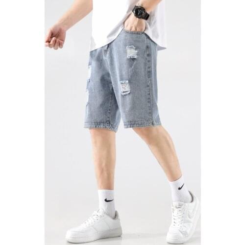 2021 Hot Selling Summer Mens Denim Shorts New Casual Knee-Length Pants Ripped Hole Lightweight Thin Jeans Button Waist Trousers