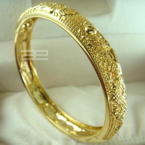 24ct yellow gold Vacuum plating GF Chinese carving Wedding open Bangle bracelet 10mm band width 60mm diameter G99