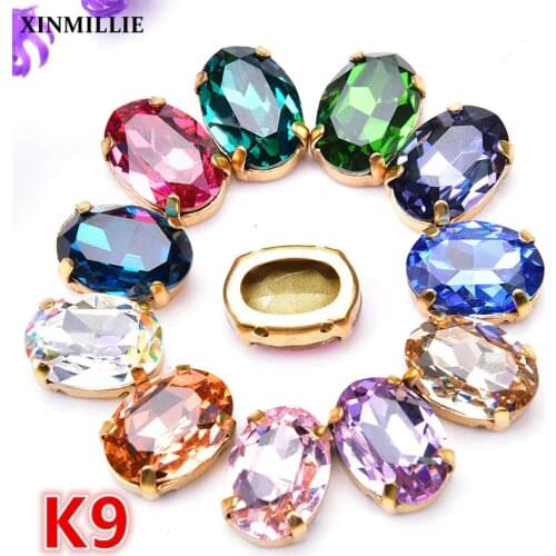 30pcs K9 Rhinestones Mixed Crystal 10*14mm Oval With Gold Claw Setting Sewing For Wedding Dress Decoration Strass Button DIY