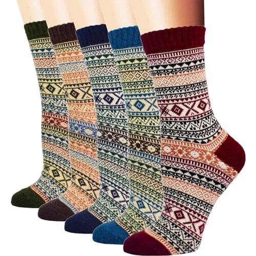 5 Pairs Winter Warm Wool Socks for Men Vintage Hiking Knit Crew Socks Soft Cozy Colorful Boot Sock Free Size