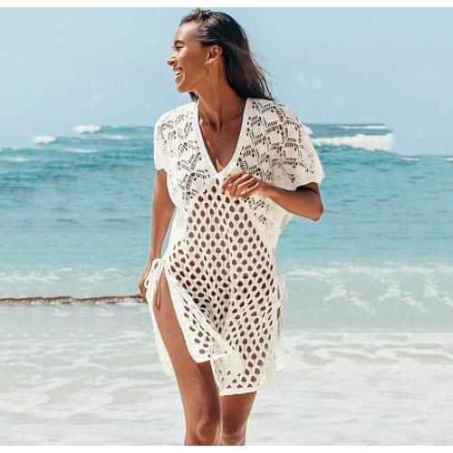 Hollow Out Bikini Cover Up Beach Long Dress Women Beach Cover Up Tunic V Neck Dress Robe Swimwear Bathing Suit Beachwear